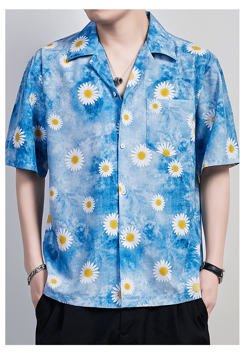 汤河之家 男装夏季短袖衬衫翻领时尚宽松型现货薄款日系衬衫休闲花衬衫