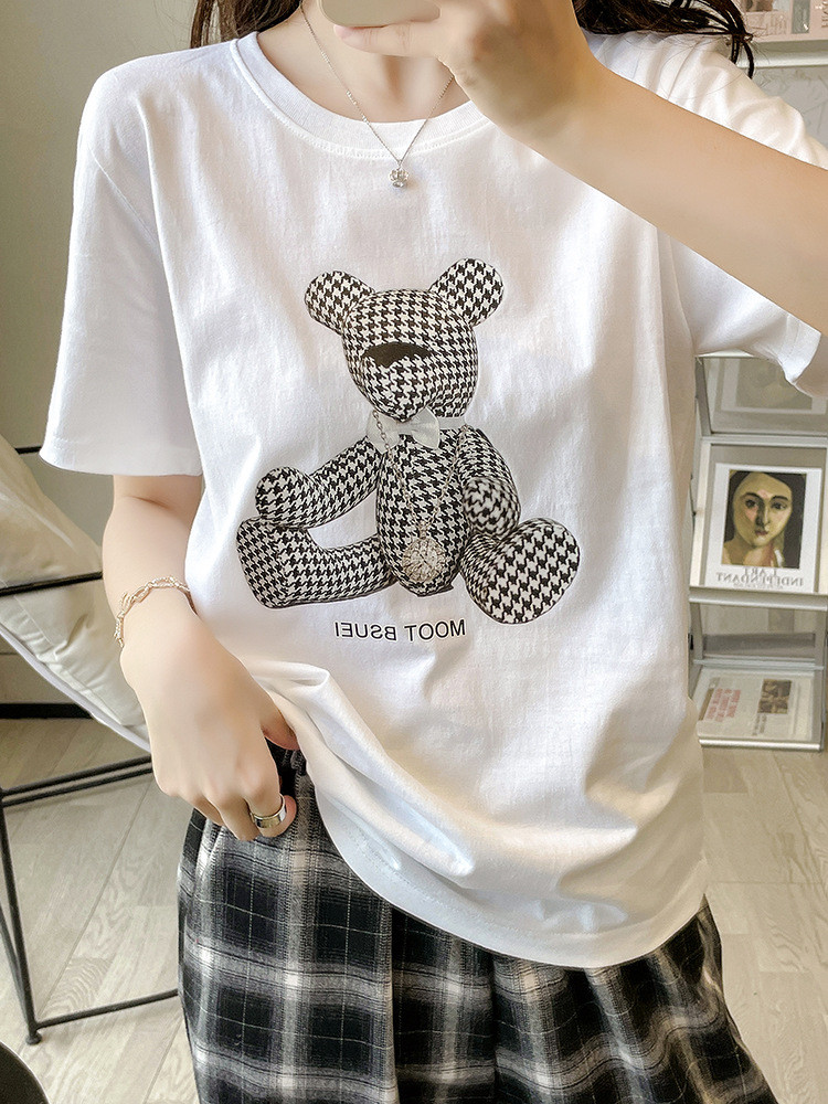施悦名 2021夏季新品时尚定位印花精梳棉针织圆领短袖T恤