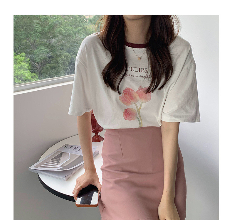 施悦名 短袖t恤女2021新款夏季韩版宽松印花撞色打底衫上衣