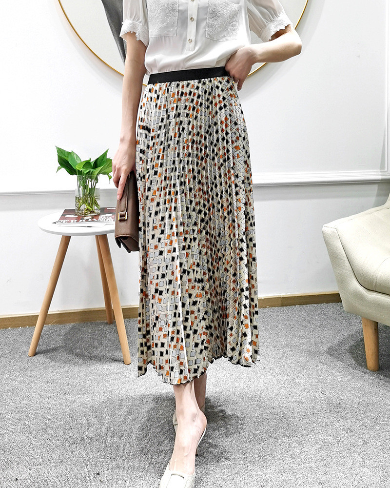 施悦名夏季新款女装2021 欧美风印花百褶垂感半身裙气质优雅