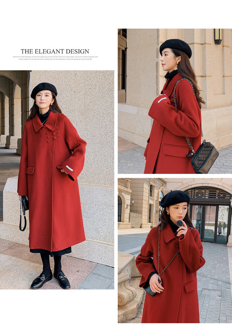 施悦名 韩版毛呢大衣女中长款2021赫本风宽松加厚新年红呢子外套