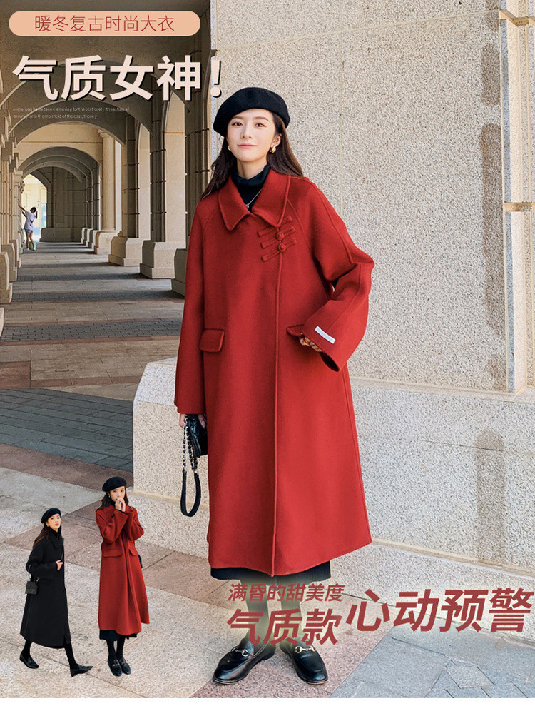 施悦名 韩版毛呢大衣女中长款2021赫本风宽松加厚新年红呢子外套