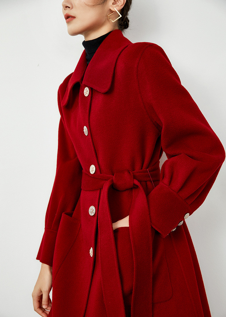 施悦名 新年红2021年新款红色双面羊绒大衣女秋冬过膝中长款毛呢外套品牌