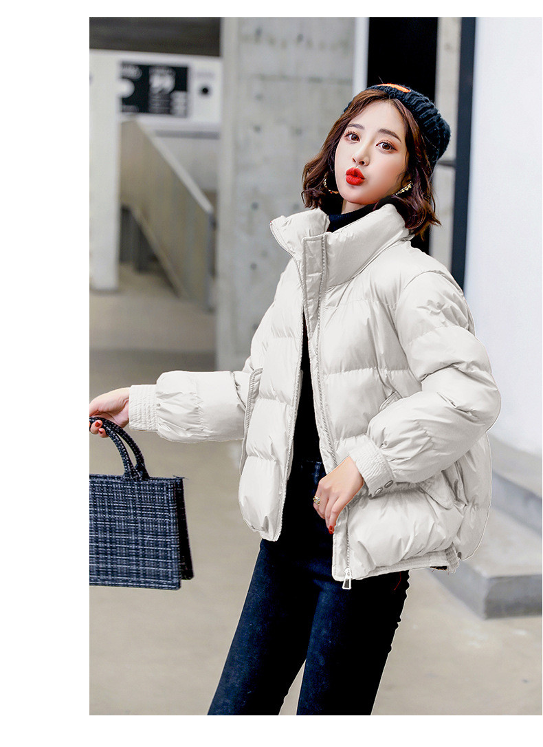 施悦名 短款棉服女2021冬季新款女装韩版宽松加厚亮面立领小棉袄棉衣外套