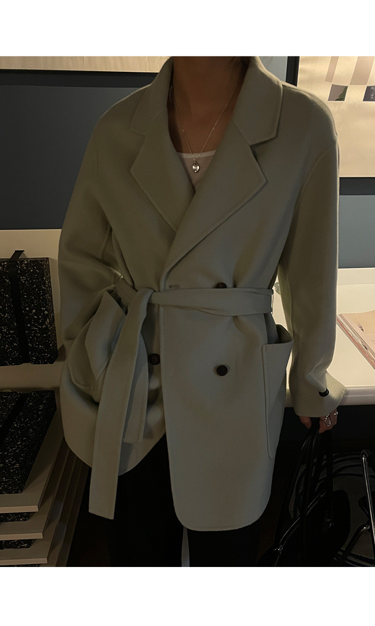 施悦名 羊毛天丝双面呢外套女2021冬季新款韩版中长款腰带大衣