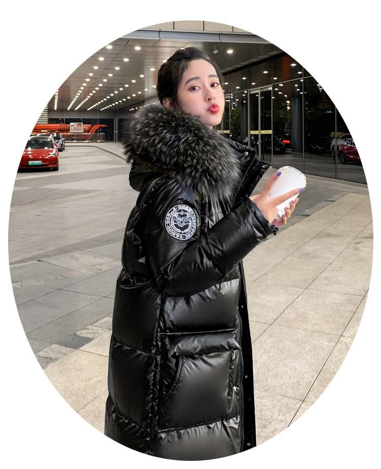 施悦名 亮面羽绒棉服女2021年冬新款韩版洋气中长款超大毛领过膝加厚外套