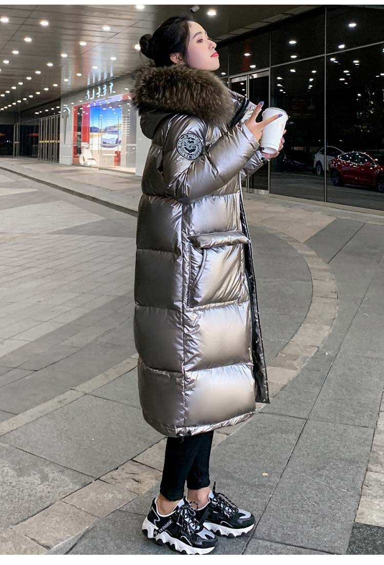 施悦名 亮面羽绒棉服女2021年冬新款韩版洋气中长款超大毛领过膝加厚外套