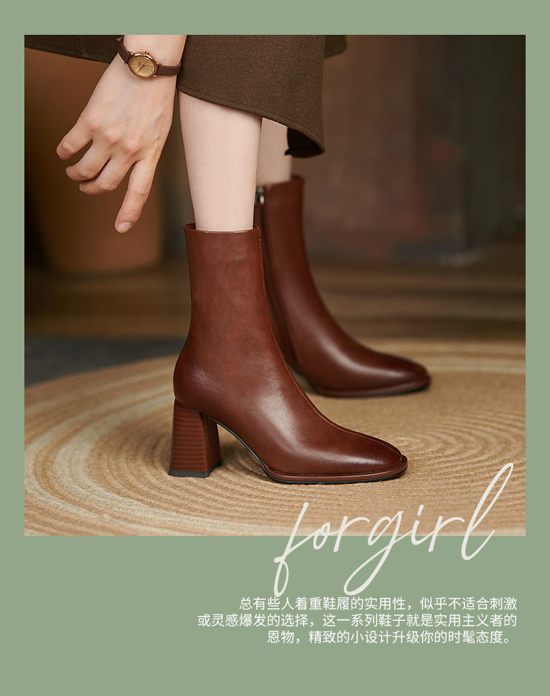 小童马 英伦风短靴女2021新款靴子女秋冬季方头棕色靴中粗跟踝靴加绒女靴
