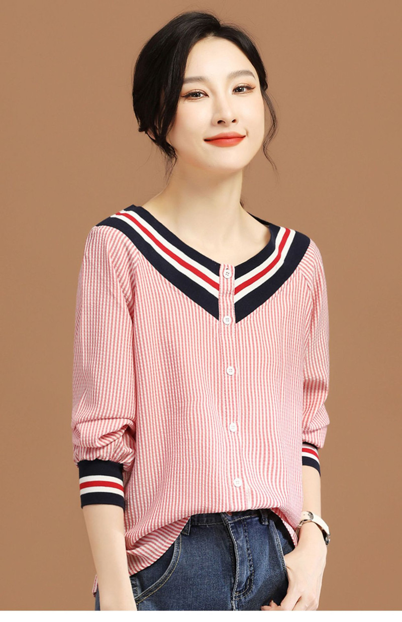 施悦名 V领条纹长袖衬衫女2022年春季新款法式休闲设计感小众衬衣女B7323