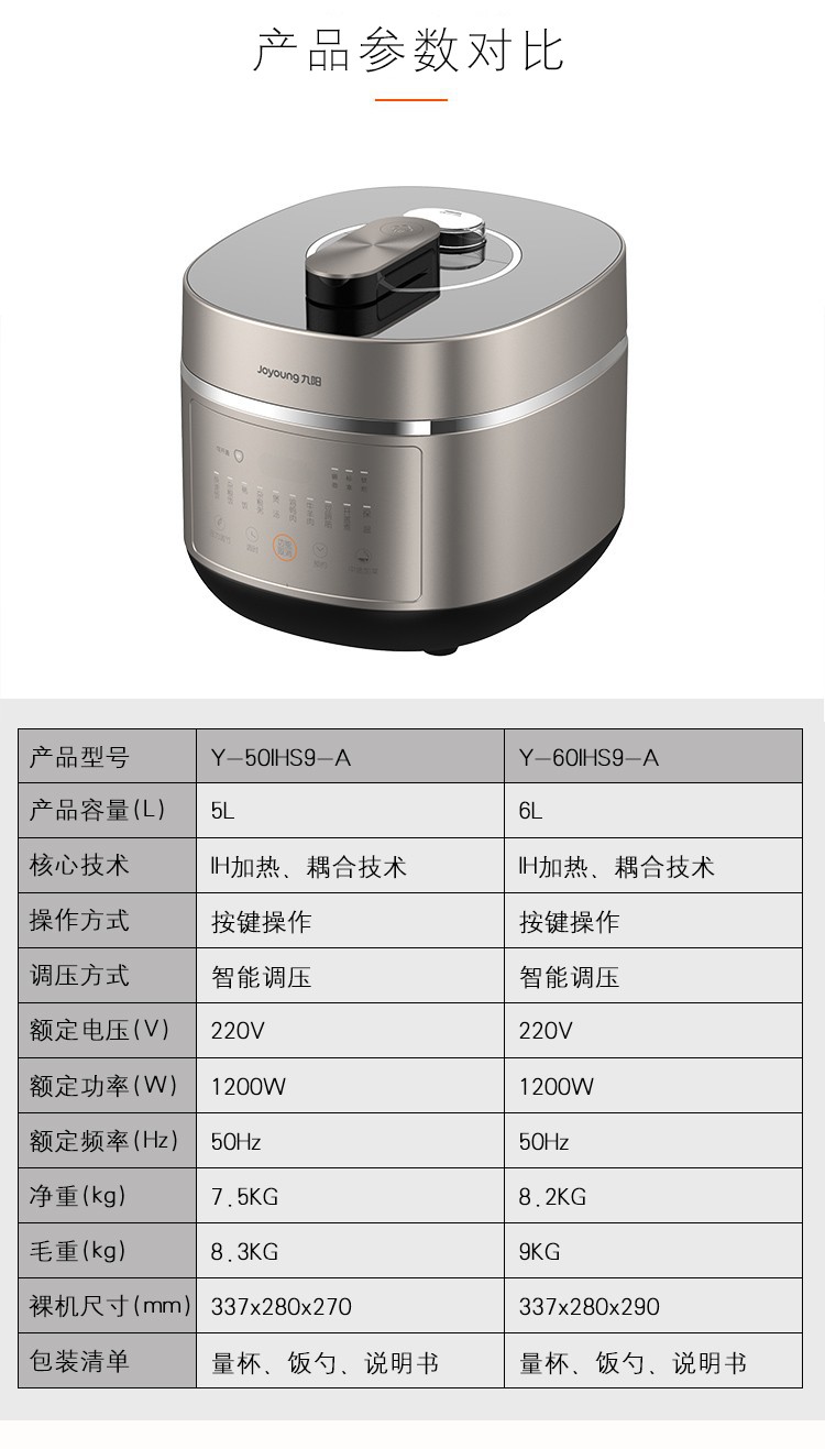 九阳/Joyoung 电压力锅IH电磁加热铁釜内胆智能调节6L双胆饭煲炖煮