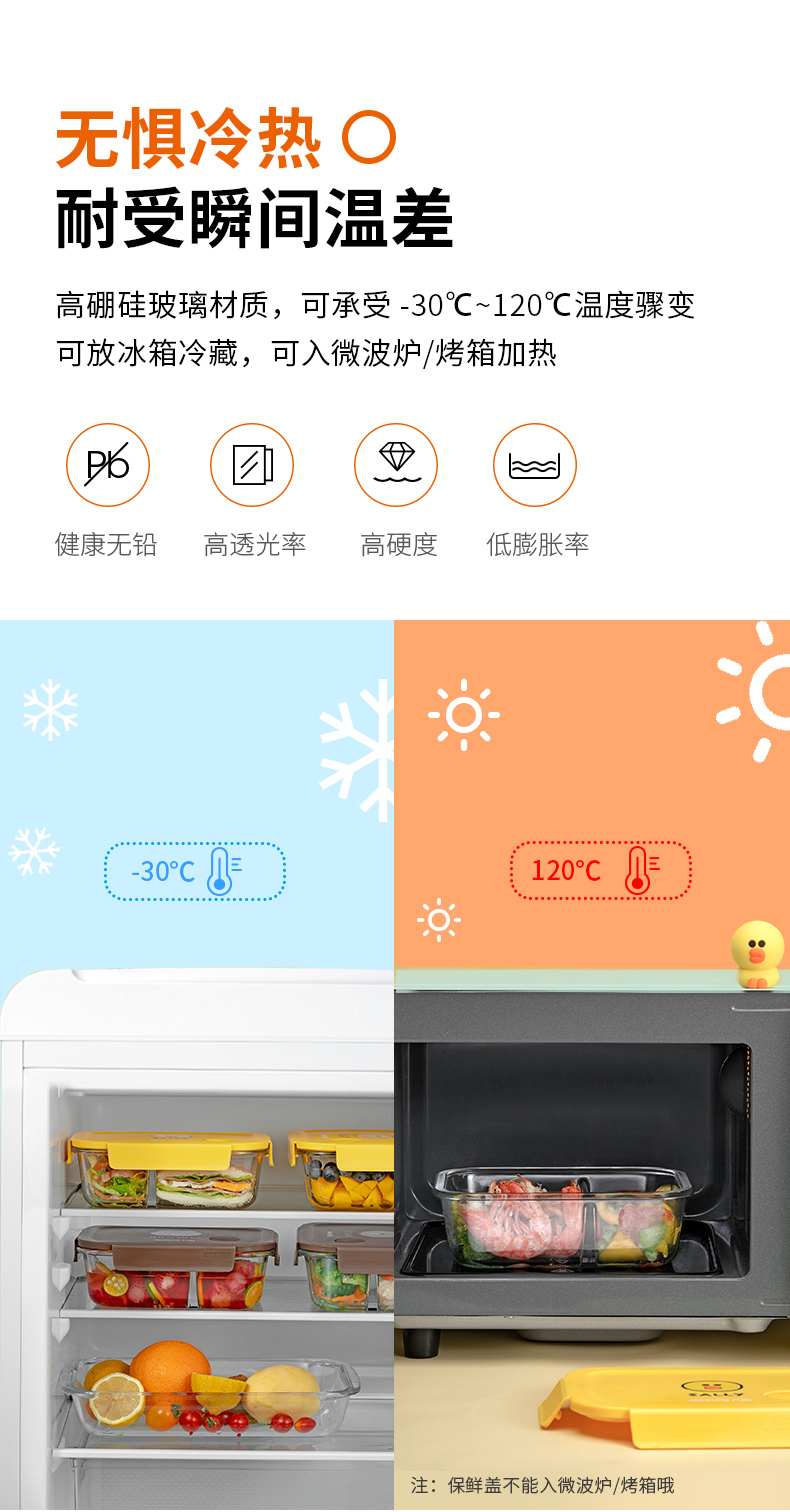 九阳/JoyoungLINE联名款保鲜盒微波炉加热三分隔玻璃专用带盖便当盒