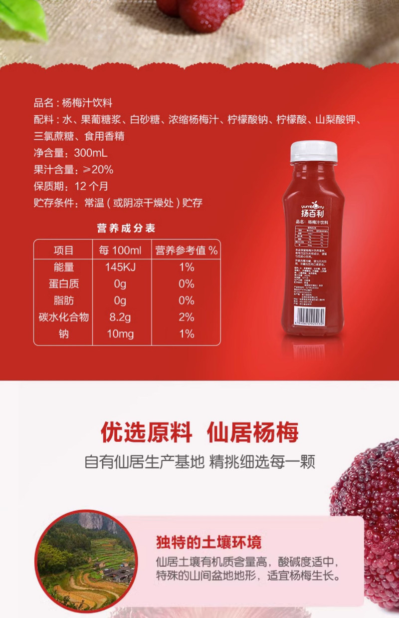 扬百利 杨梅汁饮料瓶装果蔬汁20%果汁含量300ml*6