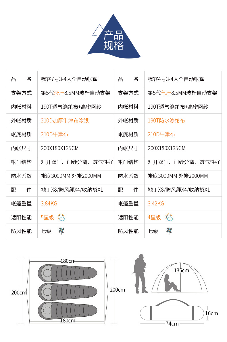 公狼 帐篷户外3-4人自动速开加厚防雨双层野外露营家庭休闲帐篷