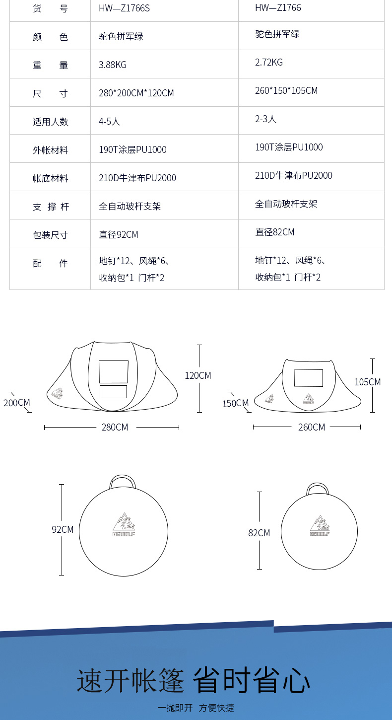 公狼 帐篷户外自动速开双人帐篷多人露营帐篷大空间手抛速开野营防晒帐篷