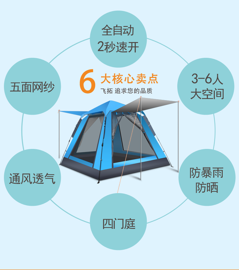 飞拓帐篷户外3-4人野营全自动家庭加厚防雨双人野外露营野营帐篷家用豪华套装自动帐篷