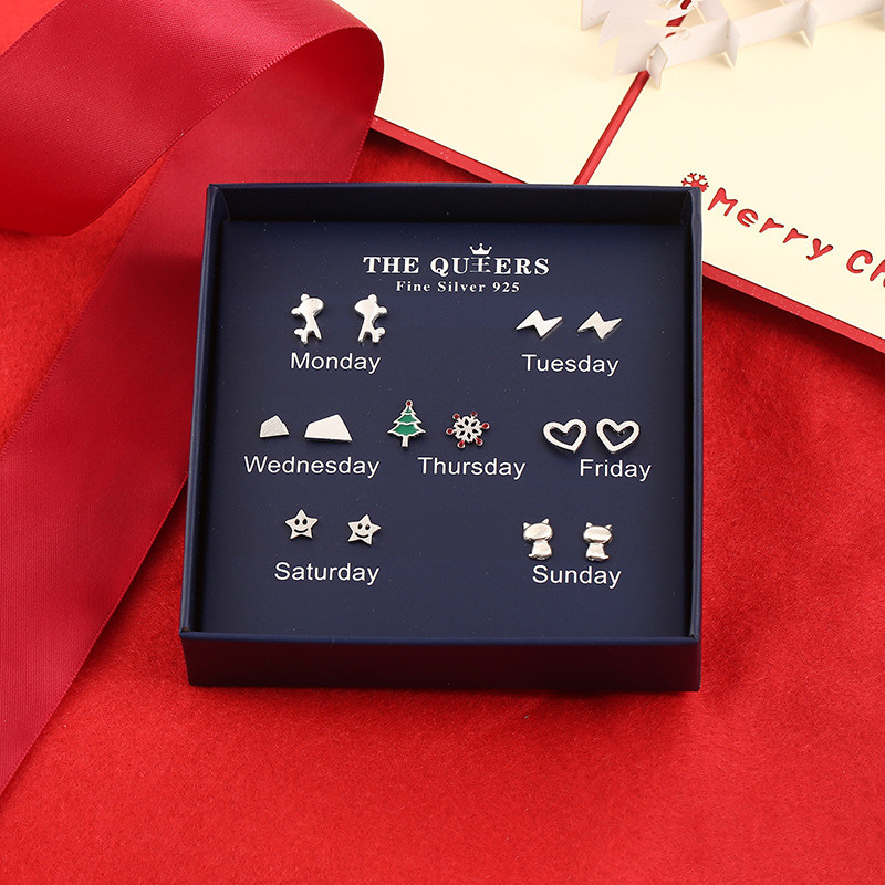 奈唯 S925银针圣诞系一盒装耳钉女日韩国简约个性气质百搭创意一周耳环-圣诞系列