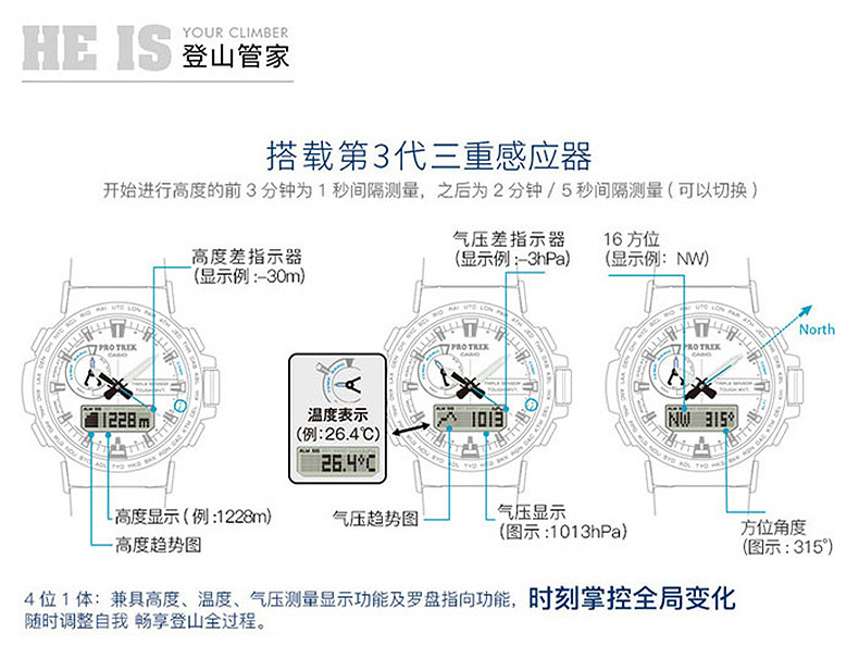 casio/卡西欧 热销人气爆款PROTREK系列多功能运动户外男表潮流时尚登山防水手表