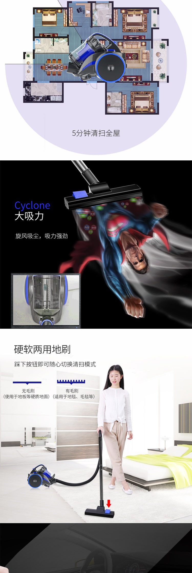 宝家丽 吸尘器家用强力静音大功率无耗材家用吸尘器2828 蓝灰色【热卖推荐】