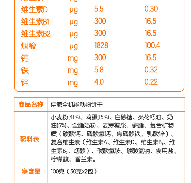 伊威(EASTWES) 全机能动物饼干 100g(50g*2包) 盒装