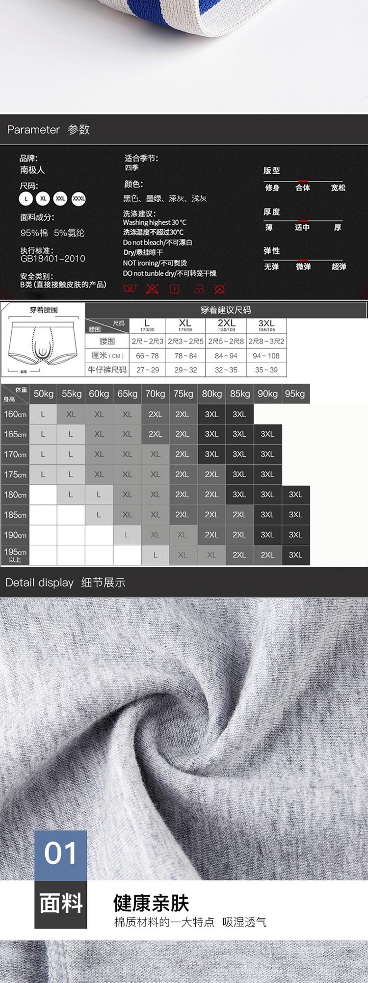 南极人NanJiren家居 时尚活力款棉质修身男士平角内裤4条礼盒 N9151