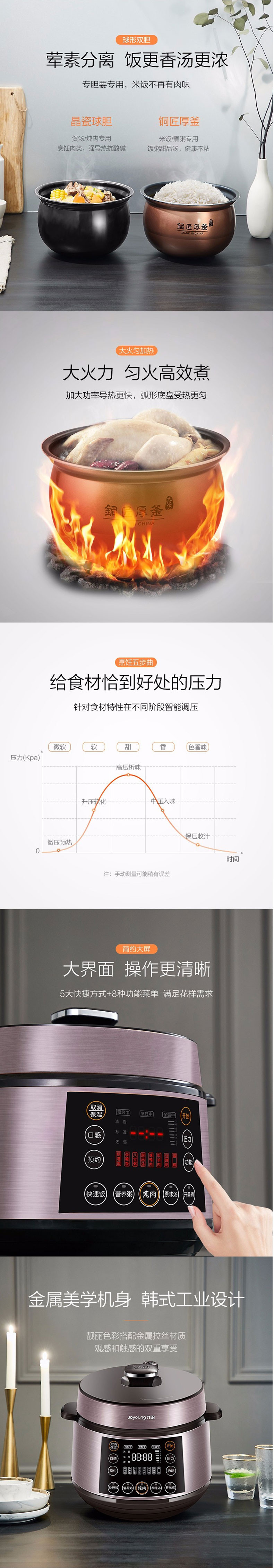 九阳/Joyoung  压力煲 全自动电饭煲家用双胆5升压力锅 多功能厚釜电压力煲50C19 深灰色