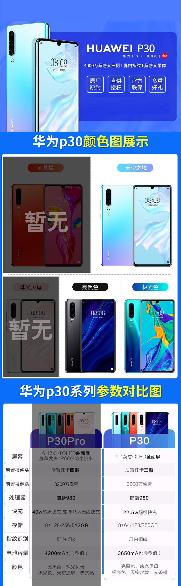 华为/HUAWEI p30 手机 极光色 8+128GB内存 全网通 电池容量（mAh）3650mA