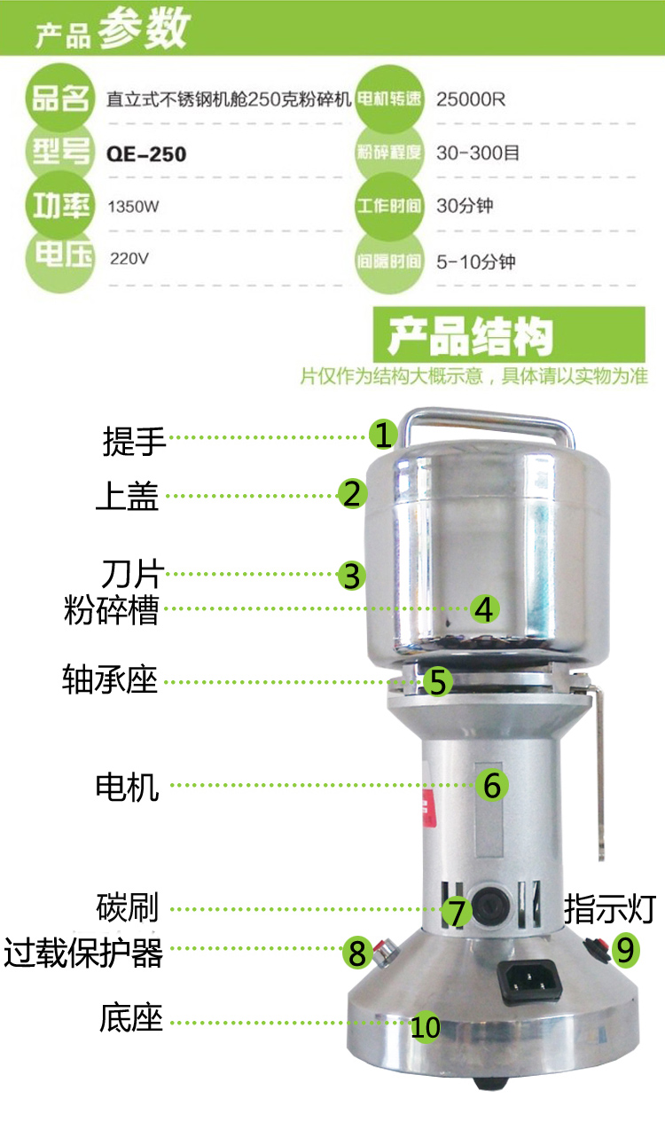 第三代锁扣500克粉碎机家用摇摆式磨粉机 不锈钢打粉机 五谷杂粮研磨机