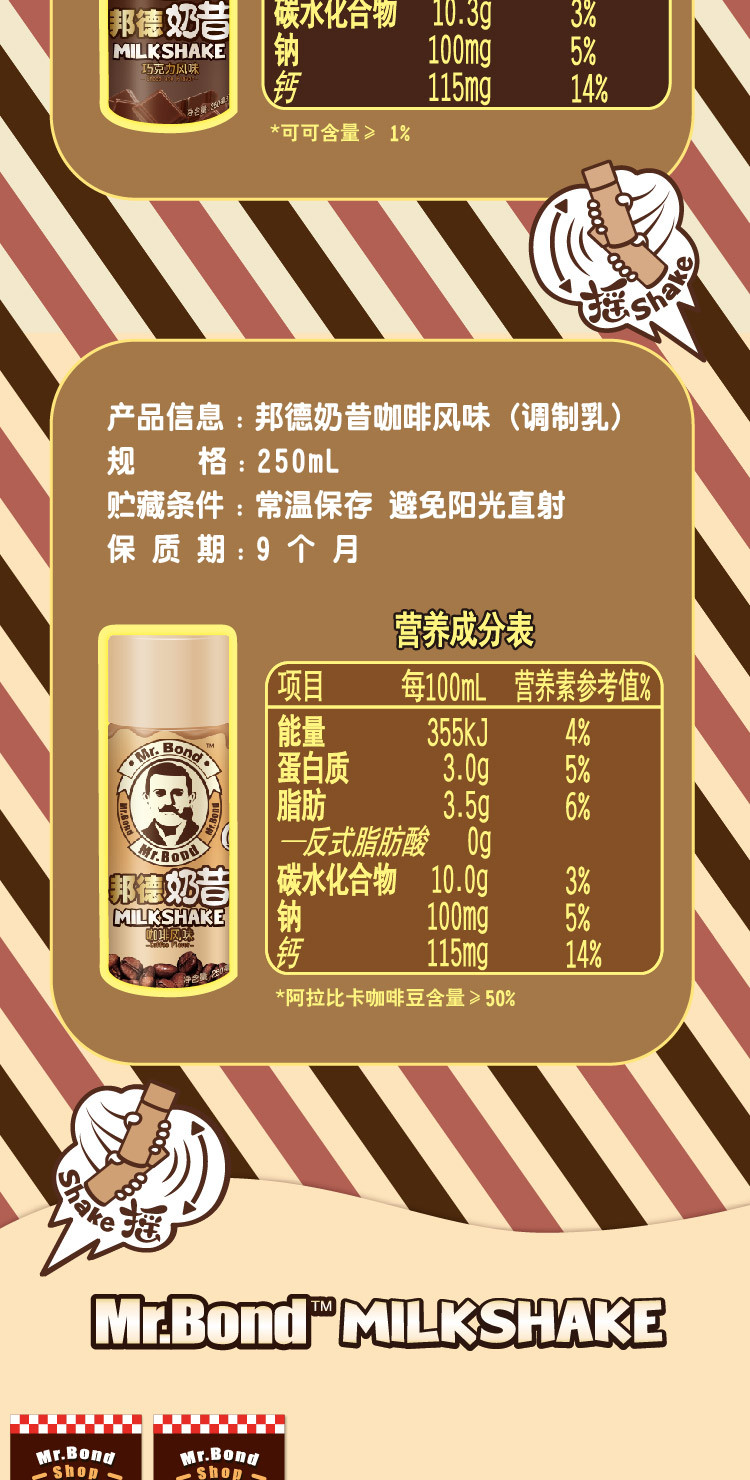 旺旺 邦德奶昔巧克力咖啡风味含乳饮料下午茶可可休闲饮料250ml*4