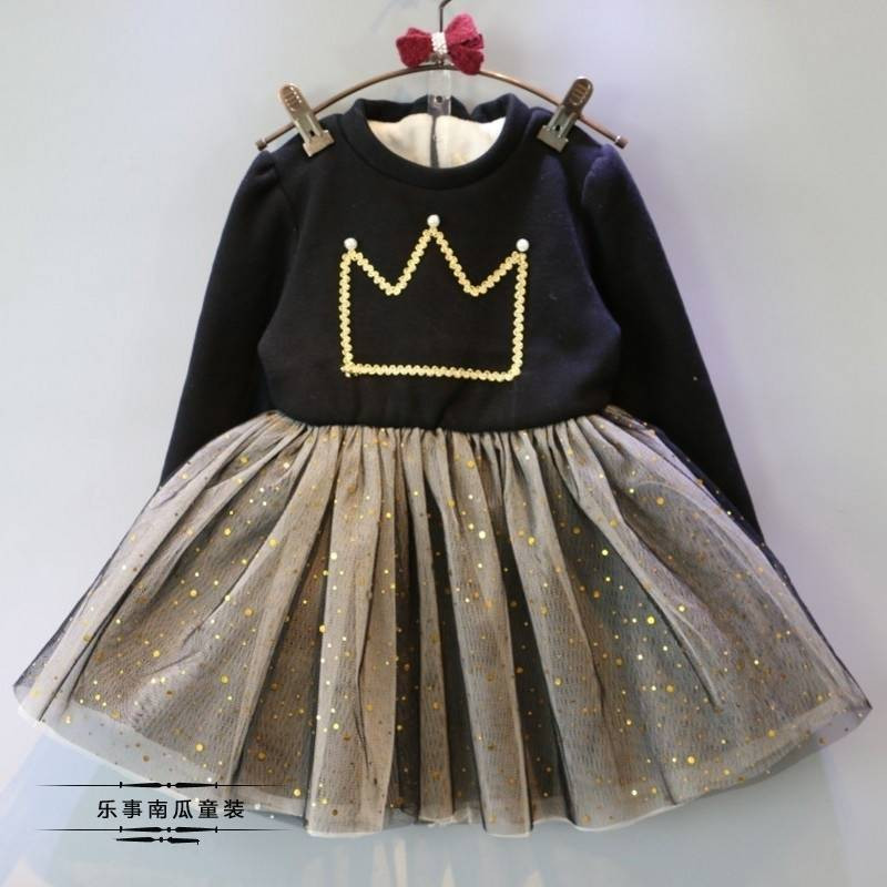 童装女童冬季新款皇冠珍珠纯棉加绒加厚连衣裙