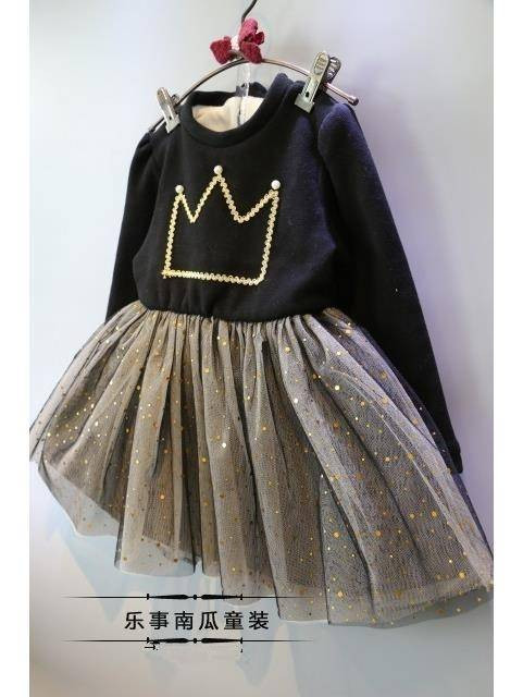 童装女童冬季新款皇冠珍珠纯棉加绒加厚连衣裙