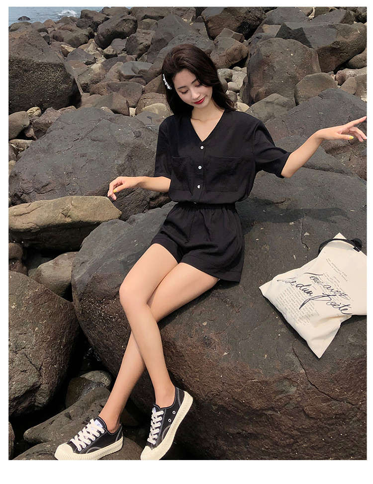 2019夏装新款女装韩版短袖高腰连体裤休闲连体裤