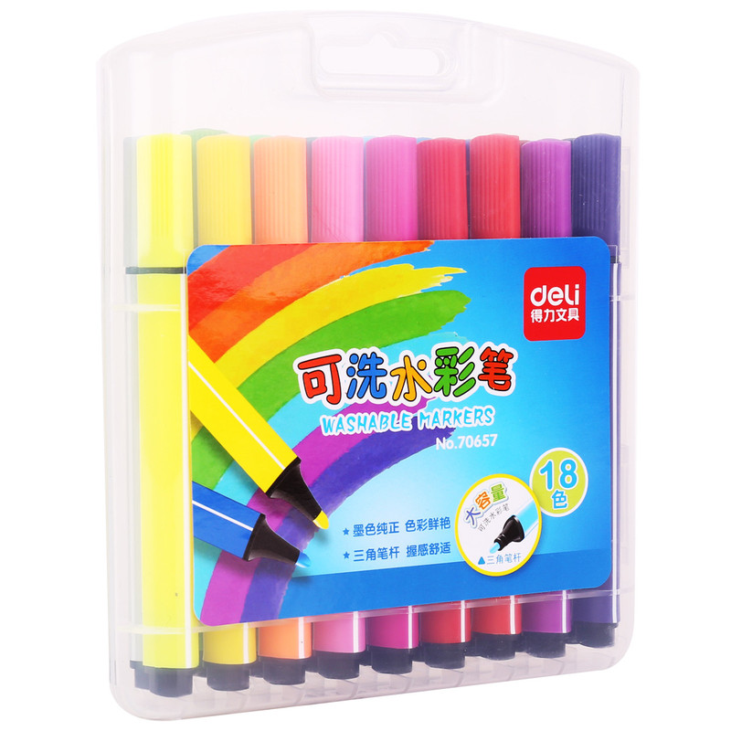  得力 70657三角粗杆水彩笔 18色 绘画彩笔大容量涂鸦笔可水洗水彩笔  18支/盒