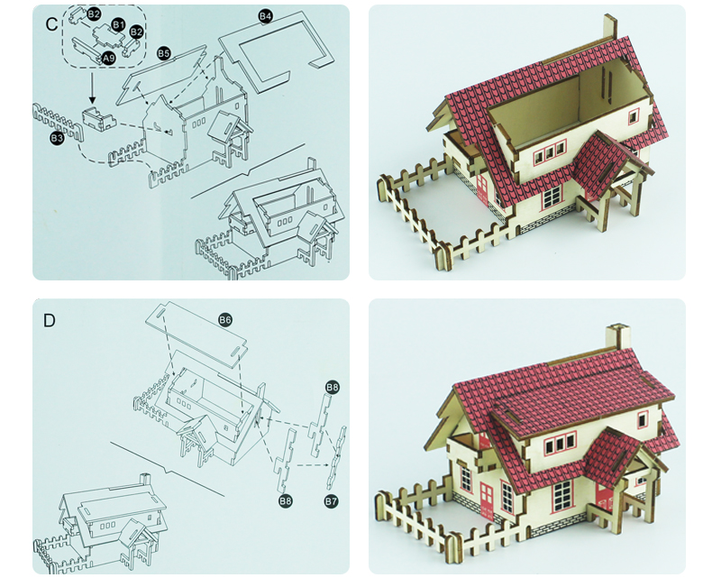 （4套装）馨联  馨联3D实木立体拼图彩色木质DIY木制拼图仿真模型儿童积木拼装彩色房子