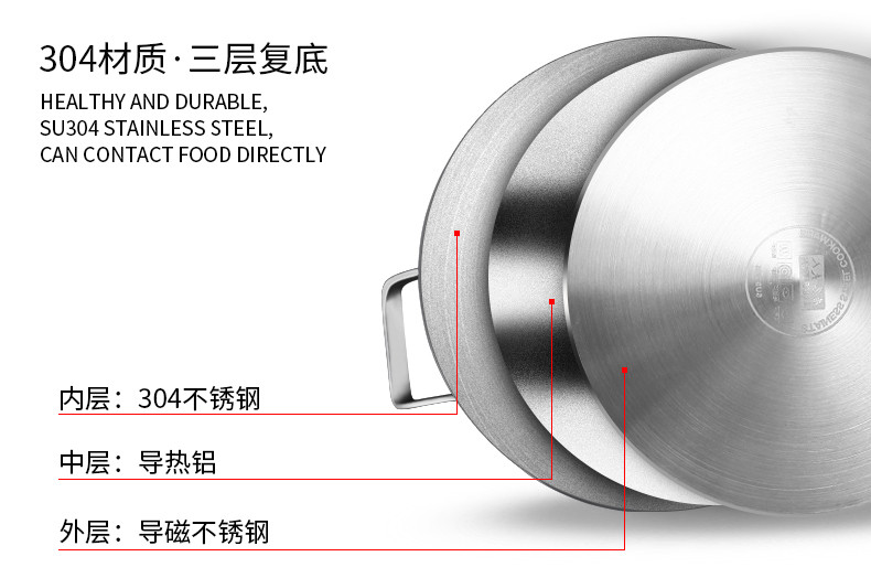 居家夫人 蒸锅3层304不锈钢复底加厚家用三层大容量内径26直径28CM JB2101