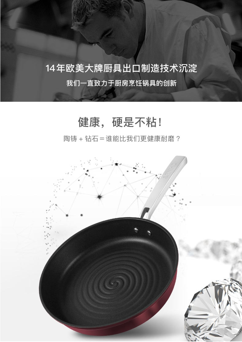  三禾/SANHO陶铸等离子彩瓷平底煎锅平底锅不粘锅酒红色24cmJLF2416-0