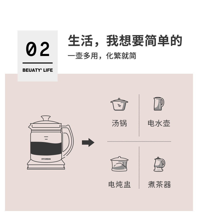 韩国现代（HYUNDAI）全自动1.6L玻璃电热水壶养身壶分体式花茶壶QC-YS1670