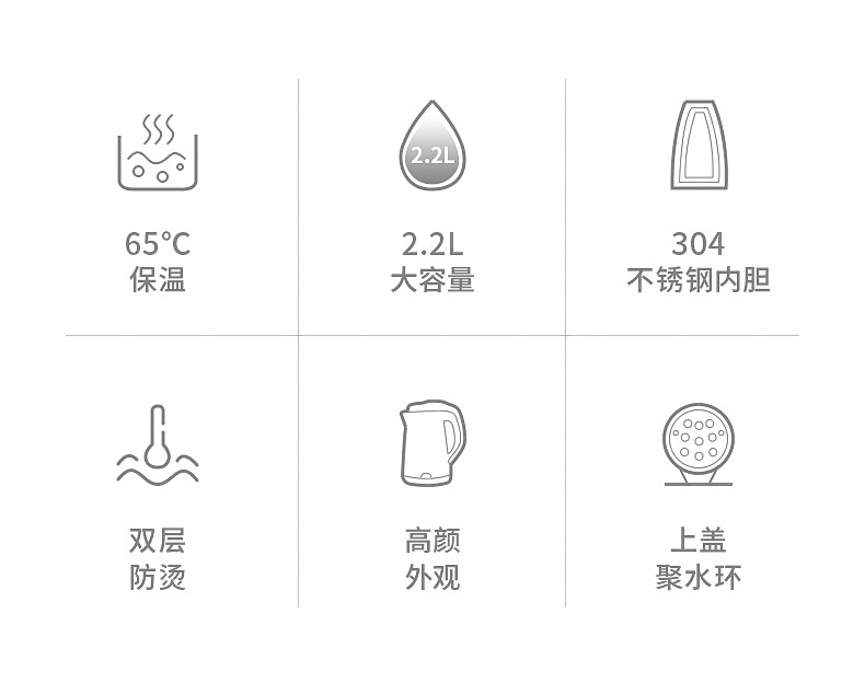 韩国现代（HYUNDAI） 电热水壶 2.2L食品级304不锈钢电热水壶烧水壶QC-SH2201A