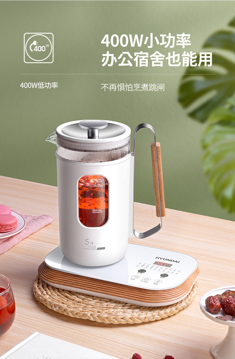 韩国现代（HYUNDAI）养生壶办公室家用0.6L迷你烧水壶养身茶壶花茶壶QC-YS0613