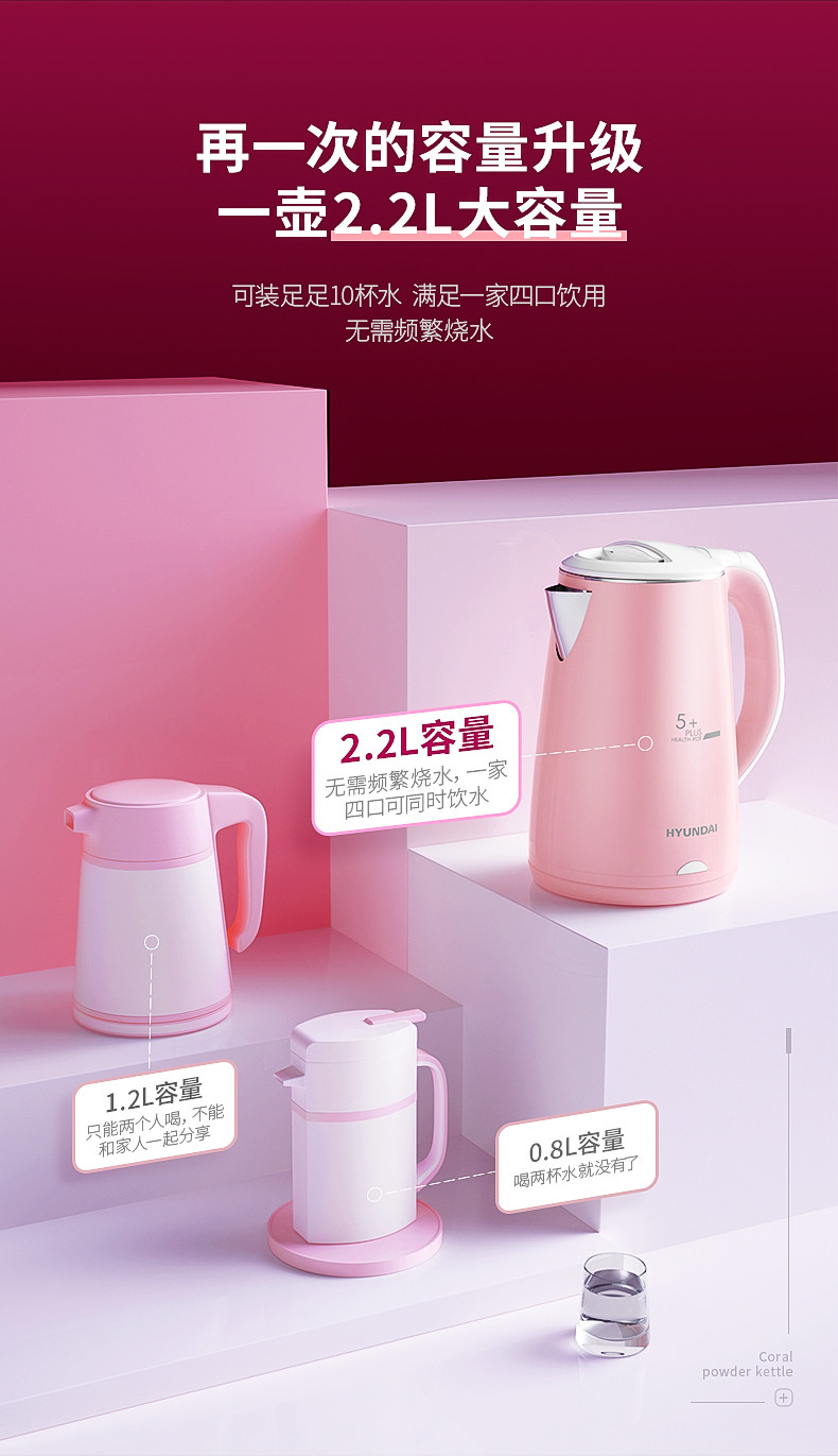 韩国现代（HYUNDAI） 电热水壶 2.2L食品级304不锈钢电热水壶烧水壶QC-SH2201A