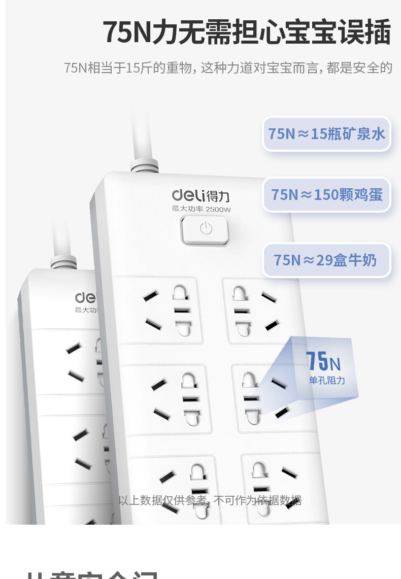 得力（deli）新国标安全插座/接线板/排插/拖线板总控开关儿童保护门8组合孔3米18262