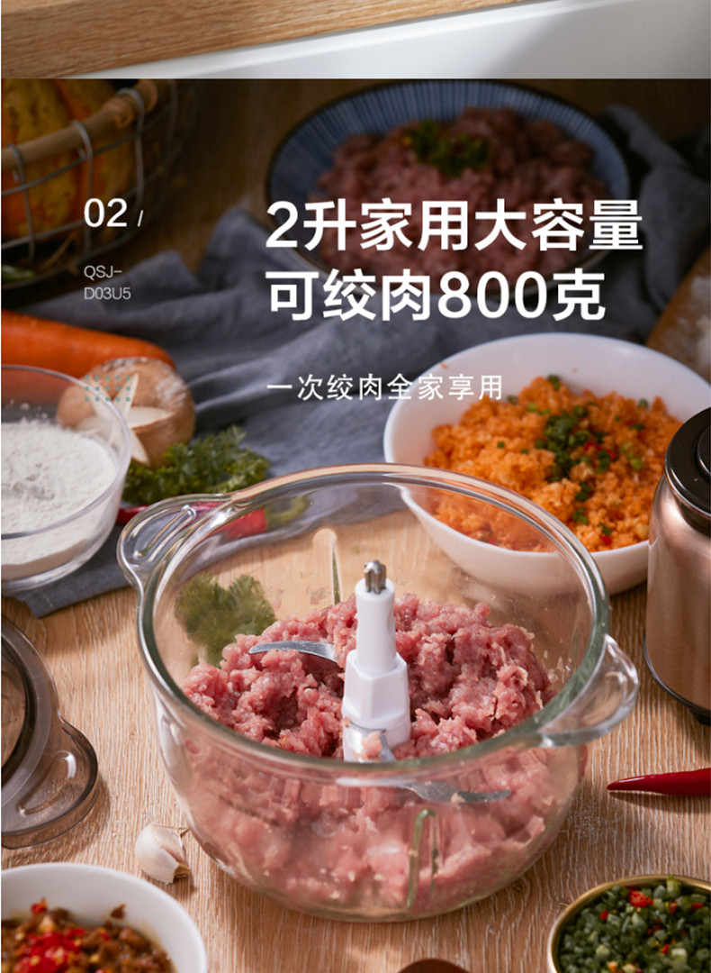 小熊（Bear）绞肉机小型多功能料理机打肉馅碎菜搅拌搅肉机不锈钢QSJ-D03U5