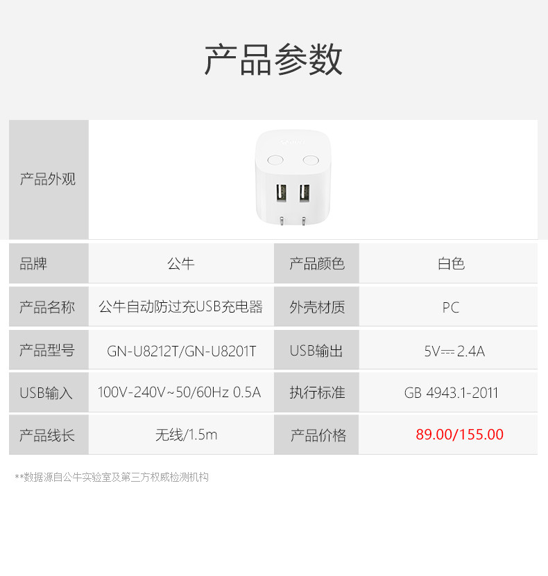 公牛（BULL）新国标自动防过充USB充电器 插座排插电源转换器插板 五重防护 U8212T