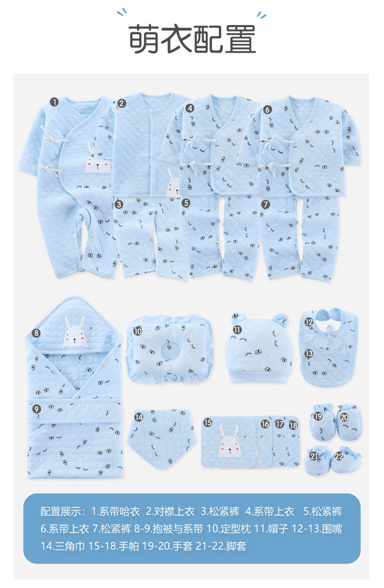 班杰威尔（BANJVALL）新生儿衣服套装春秋宝宝衣服和尚服纯棉婴儿爬爬服满棉花兔22件套