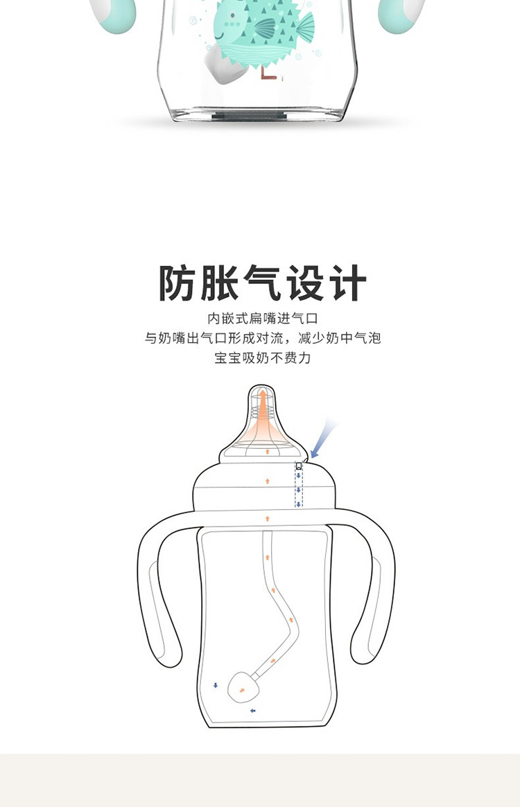 好孩子/gb 玻璃奶瓶婴儿宽口径奶瓶防胀气奶瓶奶嘴十字孔260ML铂金系列