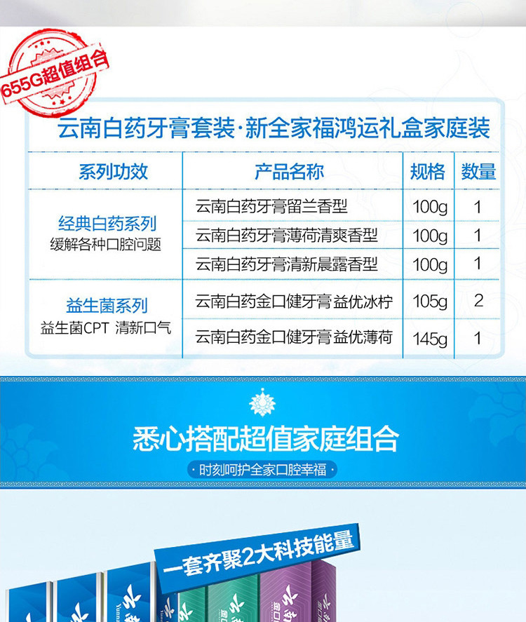 云南白药牙膏 家庭套装亮白清新口气6支装655g(留兰+薄荷+清新晨露+益优薄荷+益优冰柠×2)