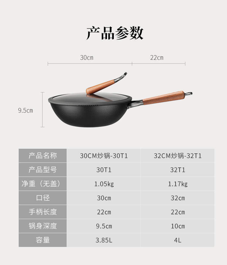 三禾/SANHO 锅具氮化炒锅32cm无涂层窒不易生锈燃气煤气灶通用炒菜锅32T1