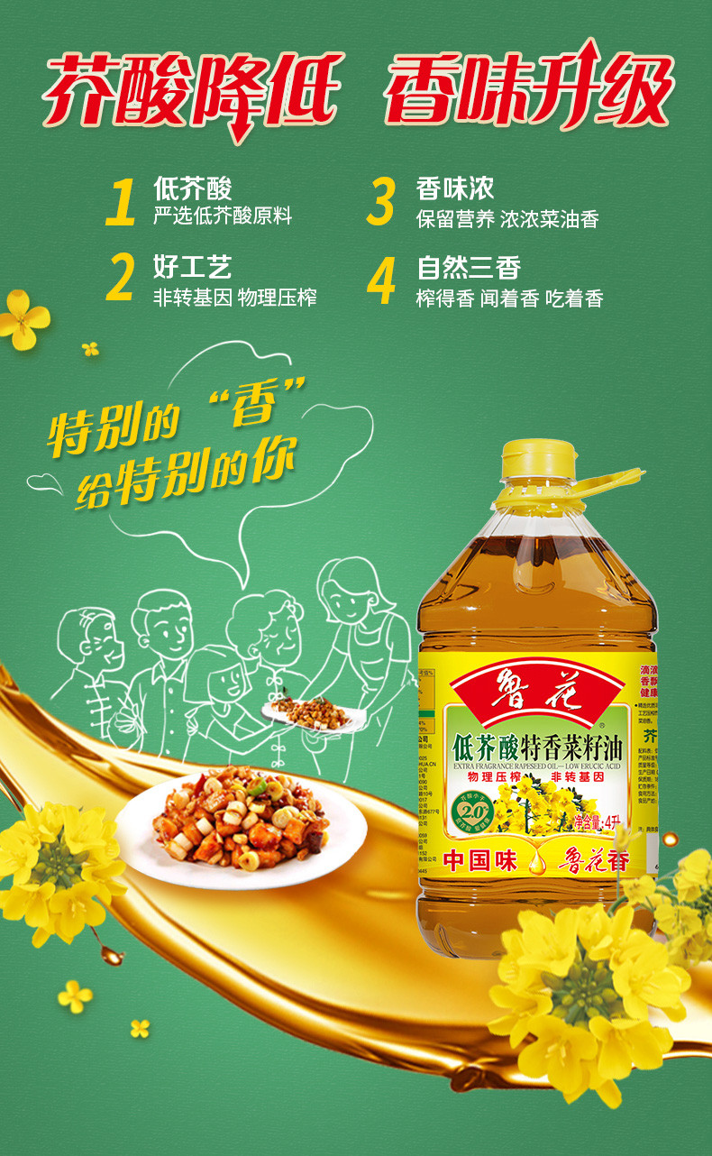 鲁花 低芥酸特香菜籽油4L 非转基因 压榨 粮油 食用油