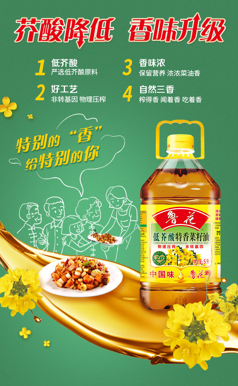 鲁花 食用油 低芥酸特香菜籽油 5L 物理压榨（新老包装随机发)