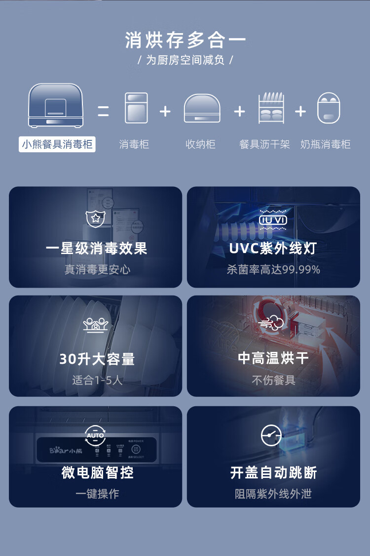 小熊（Bear）消毒柜家用小型桌面台式厨房碗筷刀架立式消宝宝奶瓶消毒碗柜ZTD30-A21E5