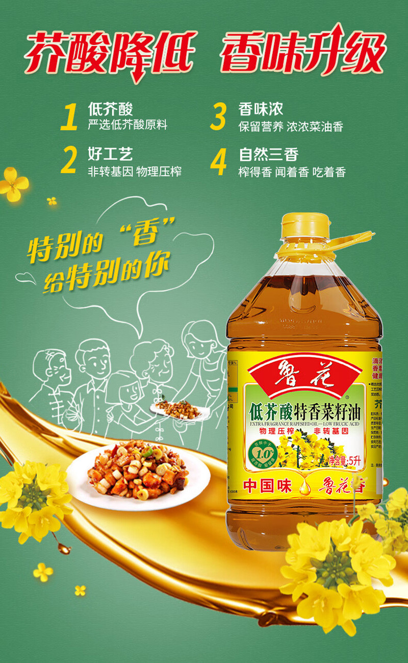 鲁花 低芥酸特香菜籽油非转基因 物理压榨5L/桶